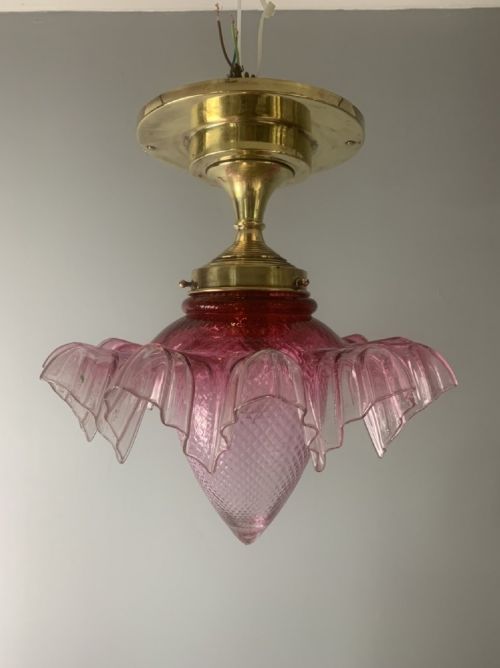 Large French Cranberry Shade Brass Ceiling Light, Rewired
