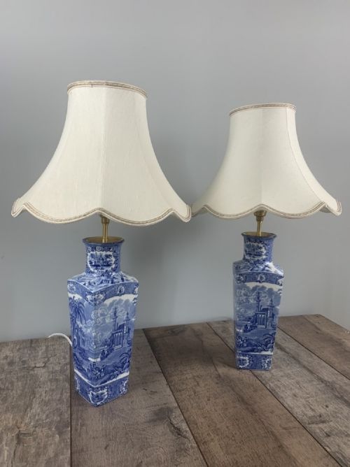 Pair of 1930s Blue and White Vase Table Lamps, Rewired with Shades