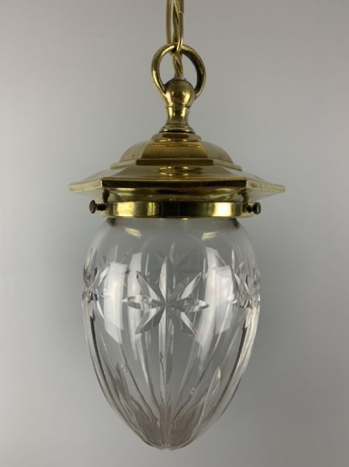 Brass Pendant Ceiling Light with Original Cut Glass Shade, Reg. No, Rewired
