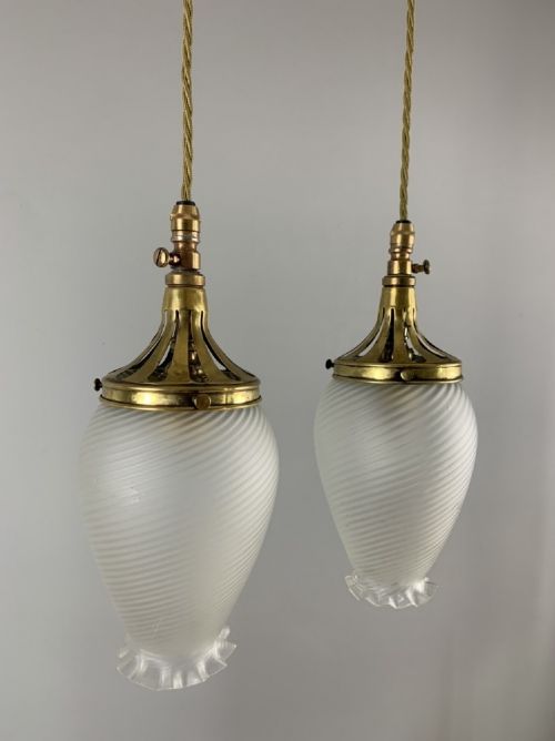 Pair of Elegant Brass Pendant Ceiling Lights with Original Tulip Shades, Rewired