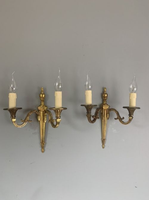 French Pair of Twin Arm Gilded Brass Antique Wall Lights