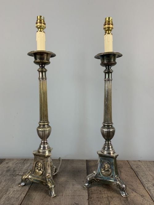 Pair of 1920s Distressed Silver Plated Brass Table Lamps, Church Candlesticks, Rewired and Pat Tested
