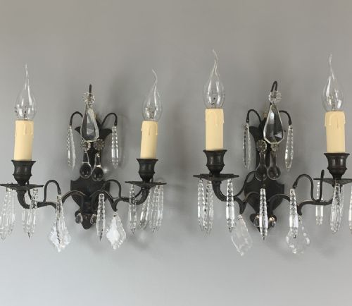 Pair of French Bronze Crystal Wall Lights