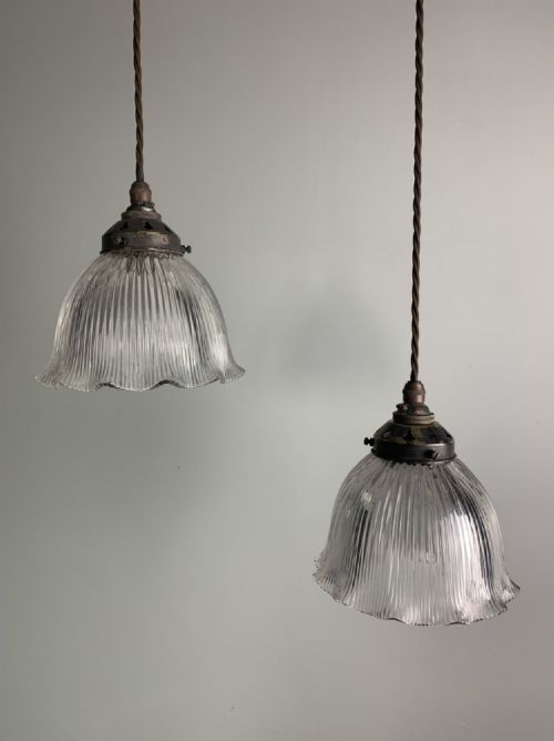 Pair of Holophane Shades Pendant Ceiling Lights, Rewired