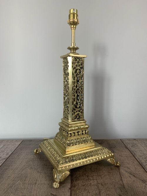 Victorian Pierced Brass Column Table Lamp, Rewired and Pat Tested