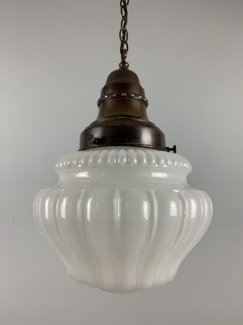 Large Edwardian English Aged Brass Opaque Shade Ceiling Light