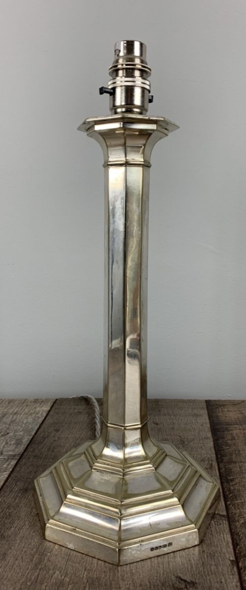 Hawksworth Eyre & Co Distressed Octagonal Base Silver Plated Table Lamp, Rewired and Pat Tested