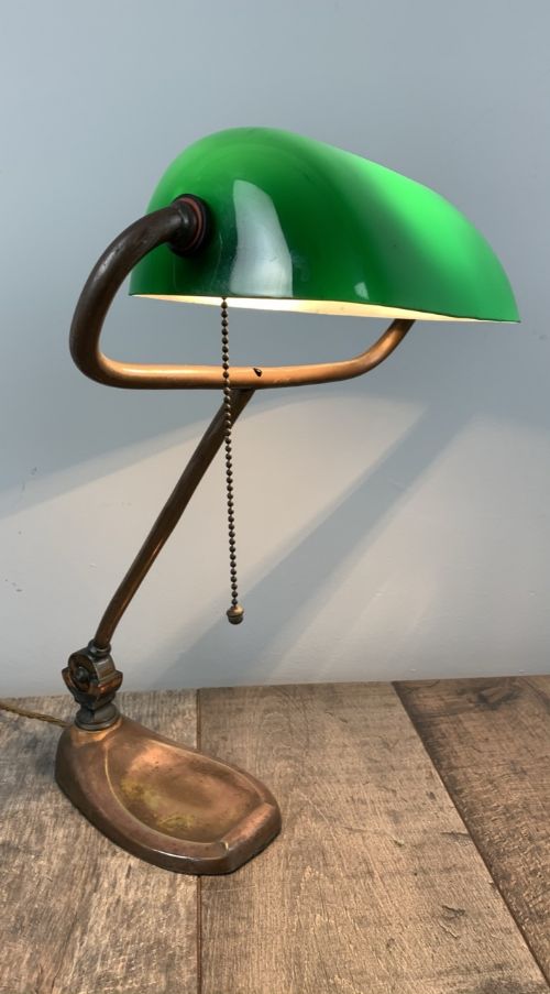 1930’S Distressed Copper Brass Bankers Desk Table Lamp, Rewired and Pat Tested