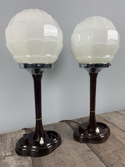 Pair of Art Deco Bakelite Table Lamps, Original Shades, Rewired and Pat Tested