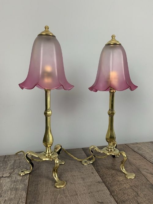 Pair of Brass Pullman Table Lamps with Tulip Shades, Rewired and Pat Tested