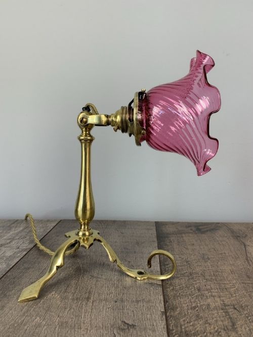 Edwardian Adjustable Pullman Table Lamp with Cranberry Shade, Rewired and Pat Tested