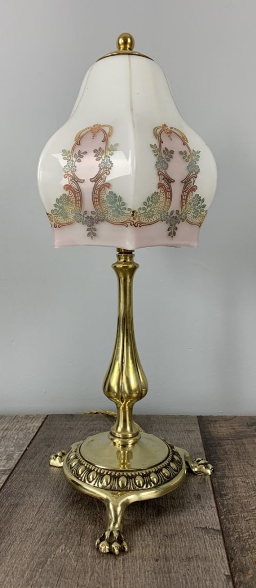 C1920 Brass Lion Foot Table Lamp with Original Shade, Rewired and Pat Tested