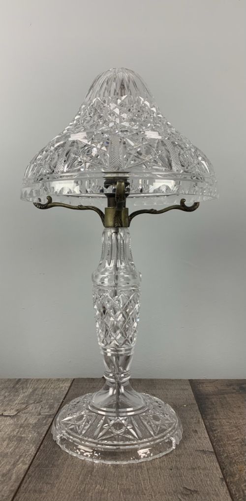 Large 1930s Cut Glass Crystal Mushroom Table Lamp, Rewired and Pat Tested