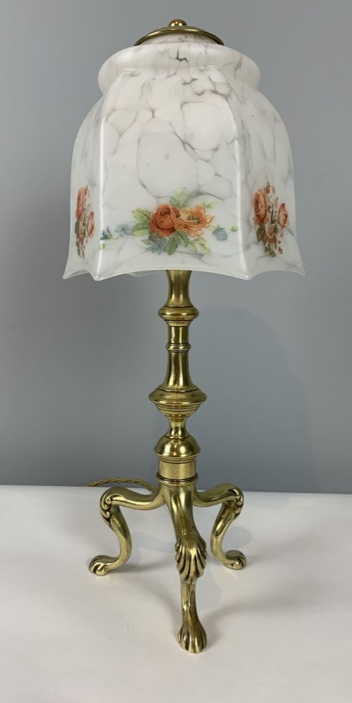 C Winn Registration Marked C1890 Brass Table Lamp with Ceramic Shade, Rewired and Pat Tested