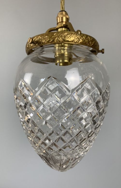 C1920 Cut Glass Pendant Ceiling Light with Original Shade, Rewired