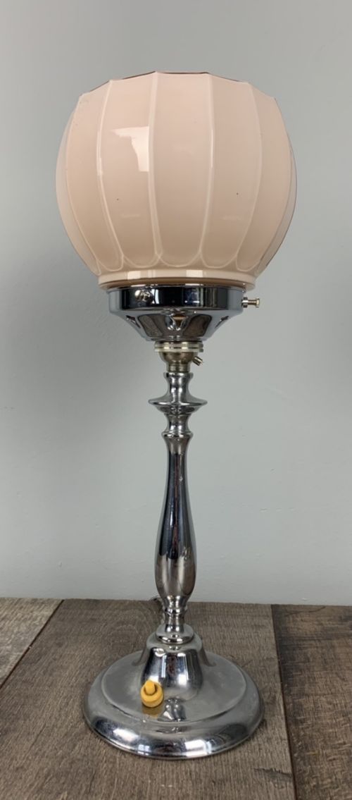 Art Deco Chrome Table Lamp with Original Pink Shade, Rewired and Pat Tested