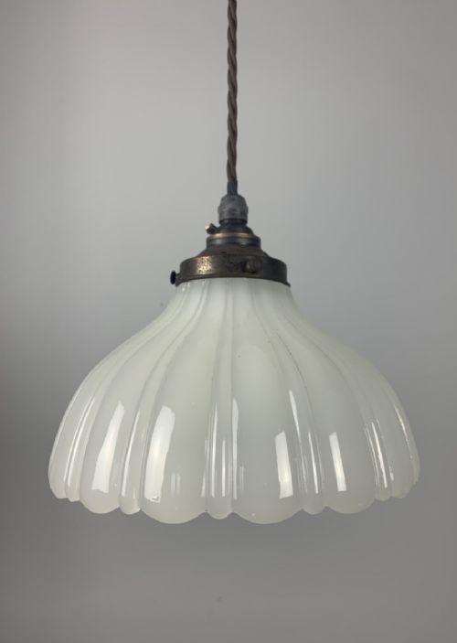 C1910 Milk Glass Pendant Ceiling Light, Original Shade, Rewired