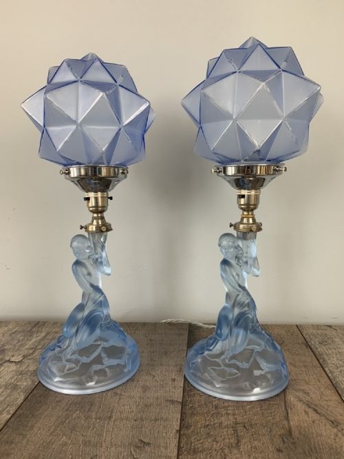 Pair of Art Deco Walther and Sohne Glass Table Lamp, Circa 1930'S, Rewired and Pat Tested