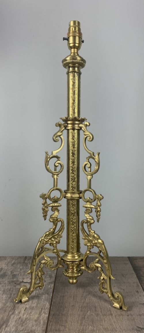 Tall French C1870 Gilded Brass Church Peacock Table Lamp, Rewired and Pat Tested