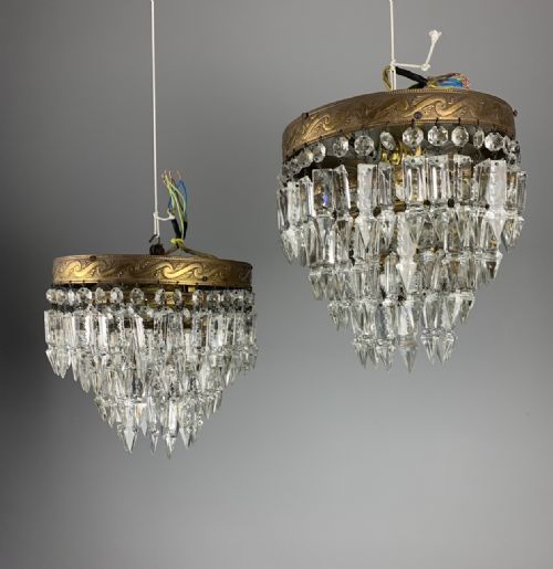 Pair of French 1930s Flush Ceiling Crystal and Brass Ceiling Lights, Rewired