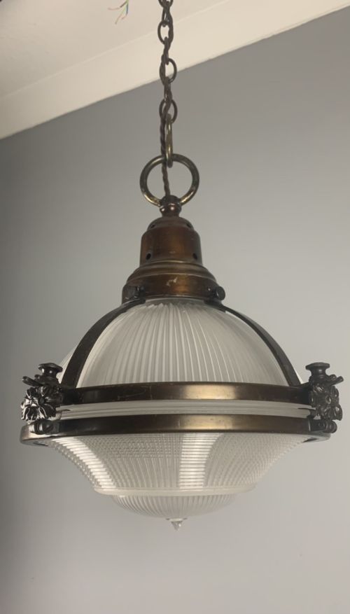 C1920 Bronzed Holophane Prism Ceiling Light, Rewired and Pat Tested
