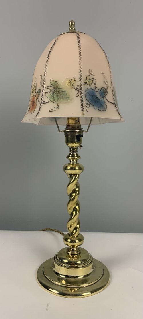 1920’S Twist Brass Table Lamp; Original Shade; Rewired and Pat Tested
