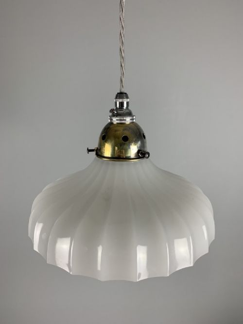 French Pleated Moonstone Pendant Ceiling Light, Original Shade, Rewired