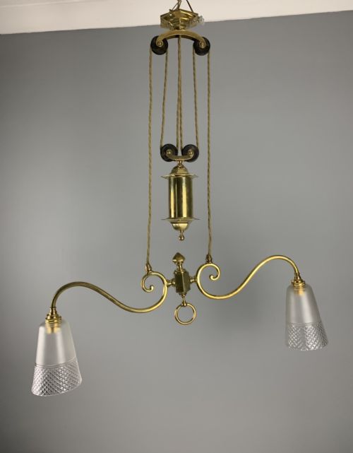 C1920 Brass Rise & Fall Ceiling Light with Cut Glass Shades; Rewired