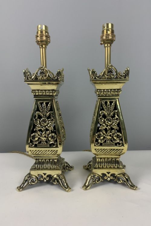 Pair of Victorian Pierced Brass Table Lamps; Rewired and Pat Tested