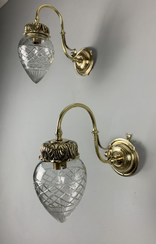 Pair of Edwardian Cut Glass Brass Wall Lights, Rewired