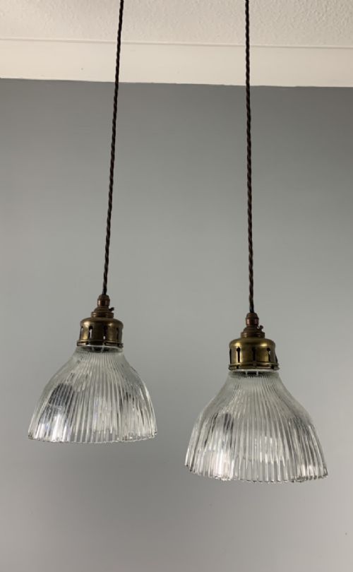 Pair of Early Prism Ceiling Lights with Original Shades & Reg Marked Galleries, Rewired