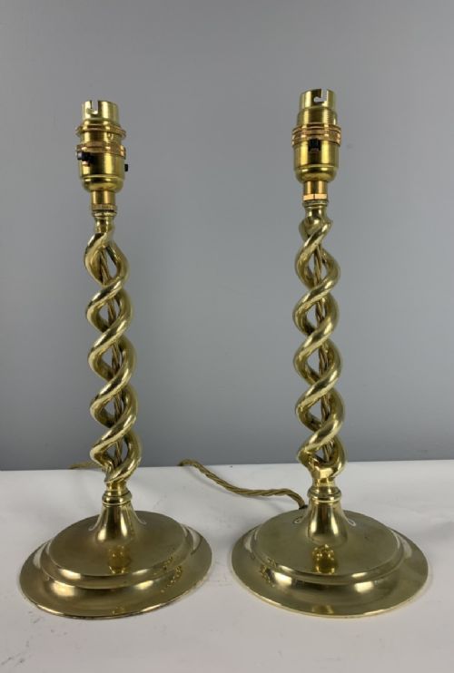Pair of 1920s Twist Brass Table Lamps; Rewired and Pat Tested