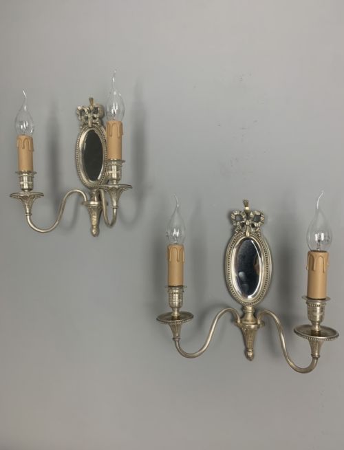 Pair of English Silver Plated Mirrored Wall Lights, Rewired