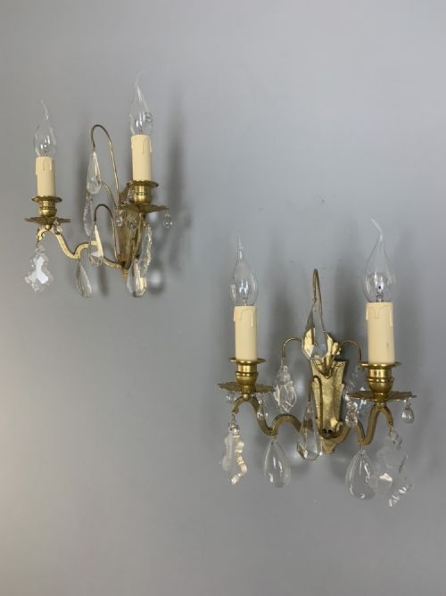 Pair of 19th Century French Gilded Brass Crystal Glass Wall Lights, Rewired