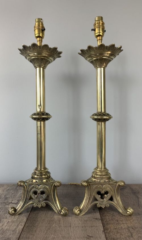 Pair of French 19th Century Brass Church Altar Candlestick Table Lamps, Rewired and Pat Tested