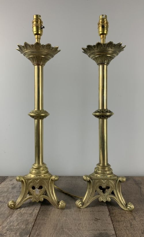 Pair of French 19th Century Brass Church Altar Candlestick Table Lamps, Rewired and Pat Tested