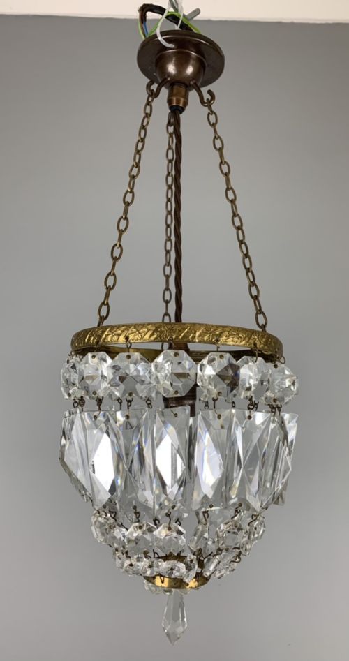 Small French 1930s Crystal Cut Glass Bag Ceiling Light, Rewired