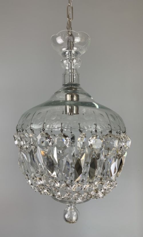 1930s Bag Crystal Cut Glass Ceiling Light, Rewired
