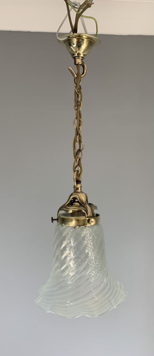 Art Nouveau Brass Pendant Ceiling Light with Original Vaseline Shade, Rewired