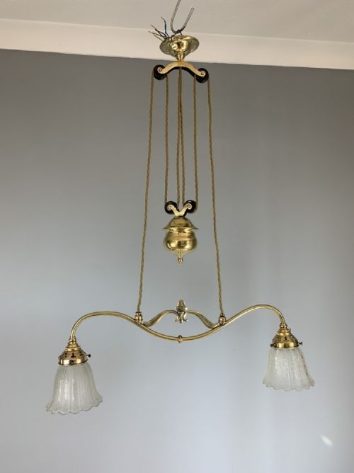 C1920 Brass Rise & Fall Ceiling Light with Cut Glass Shades; Rewired