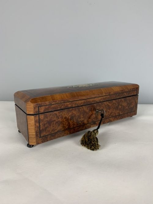 French Glove Jewellery Box in Amboyna with Foliate Brass & Mother of Pearl Inlay