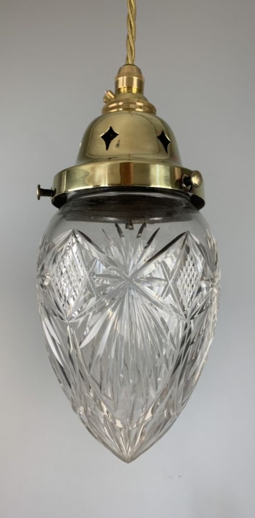 Cut Glass Brass Pendant Ceiling Light with Original Shade, Rewired