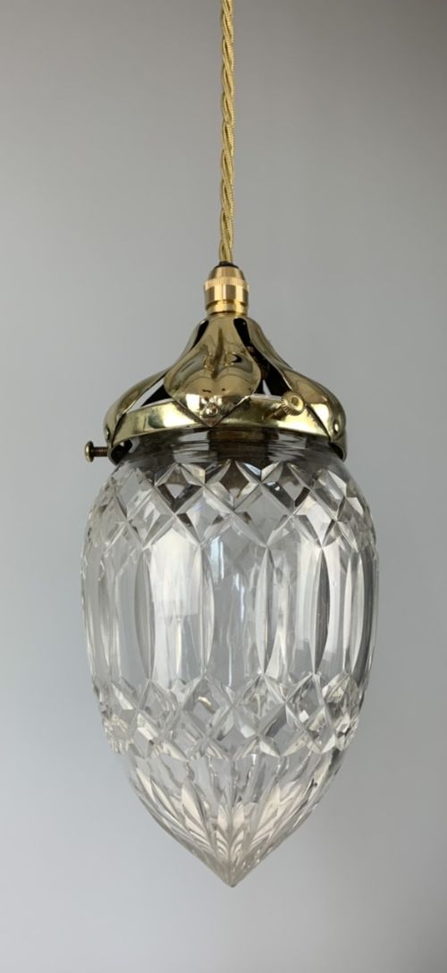 Edwardian Cut Glass Brass Pendant Ceiling Light, Original Shade, Rewired