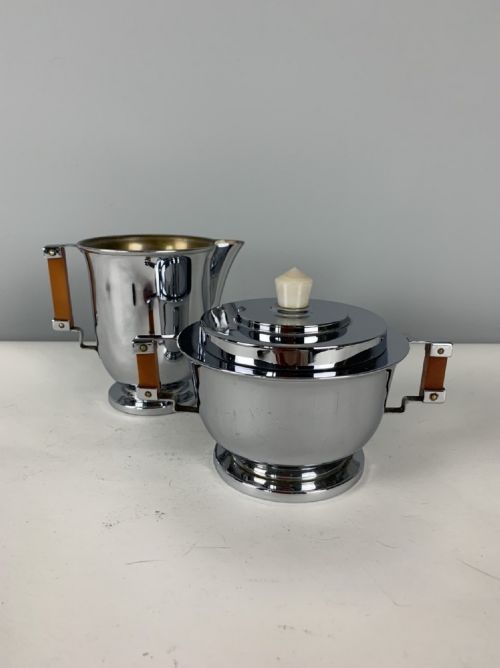 Art Deco Chrome Milk & Sugar Bowl with Bakelite Hands, C1930