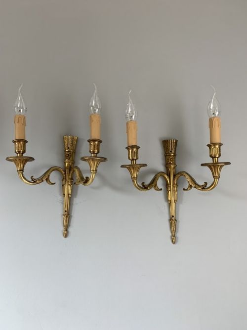 Pair of French Brass Classical Wall Lights, Rewired