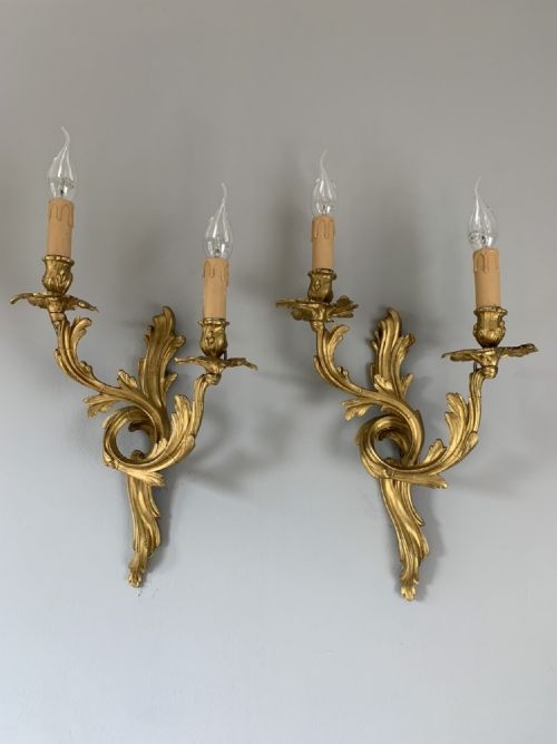 Pair of C1900 French Rococo Gilt Brass Wall Lights, Rewired