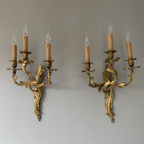 Pair of Large French 3 Branch Gilt Brass Rococo Wall Lights, Rewired