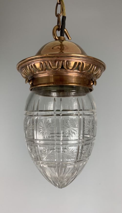 Coppered Brass Cut Glass Pendant Ceiling Light , Original Shade, Rewired