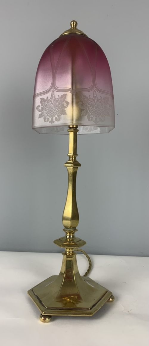Edwardian Brass Table Lamp with Etched Shade