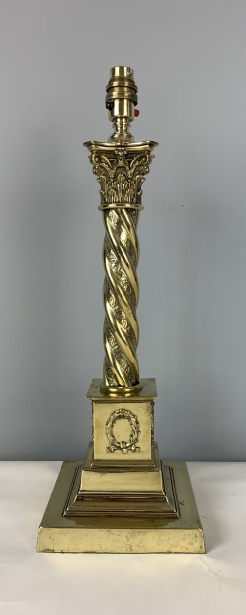 C1870 Brass Corinthian Column Table Lamp, Reg Mark, Rewired and Pat Tested
